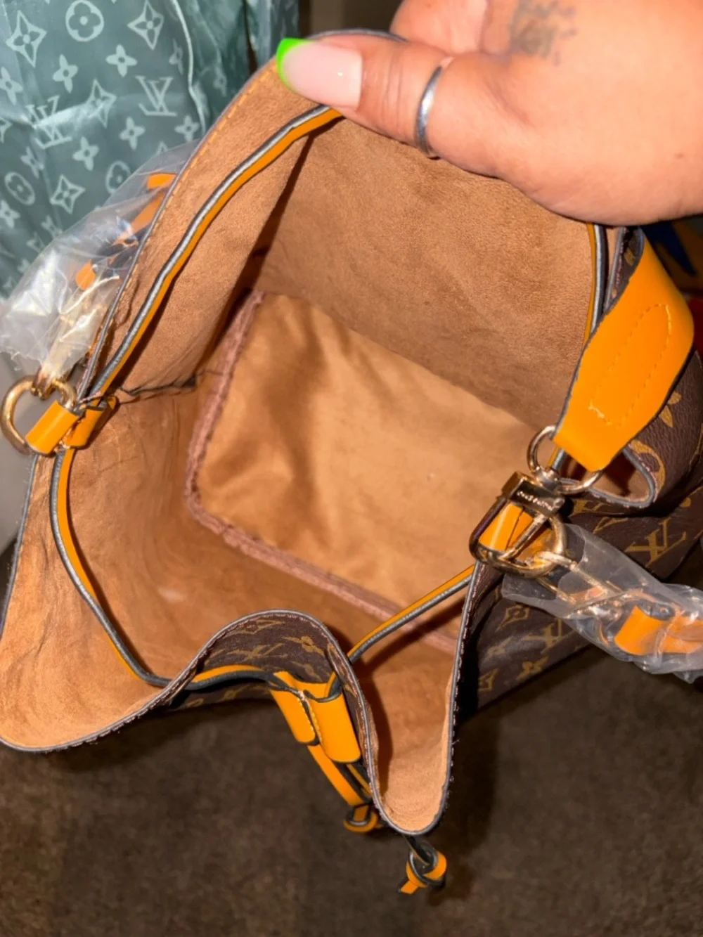 Monogram Drawstring Bucket Bag with Yellow Trim